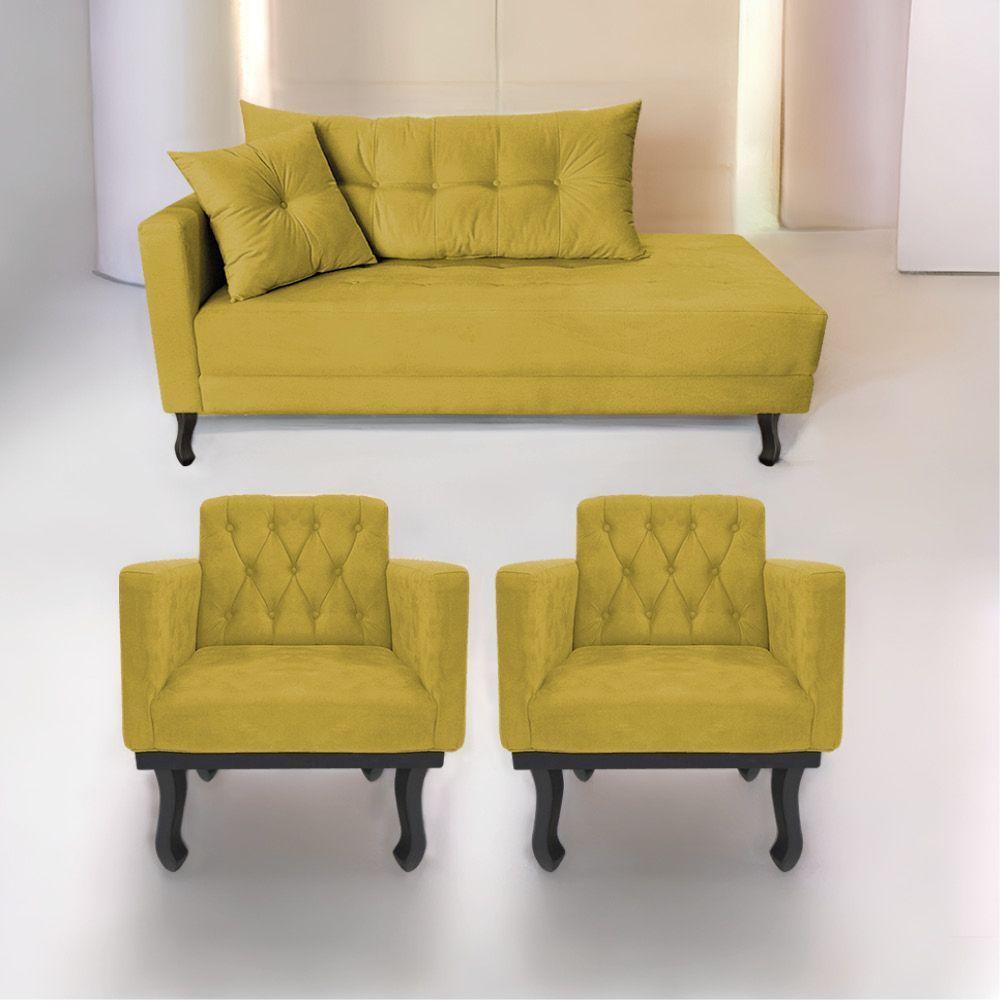 Kit Diva Recamier Azura 140Cm Lado Direito E 02 Poltronas Classic Suede - Doce Sonho Móveis Amarelo - 1
