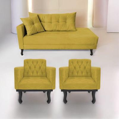 Kit Diva Recamier Azura 140Cm Lado Direito E 02 Poltronas Classic Suede - Doce Sonho Móveis Amarelo