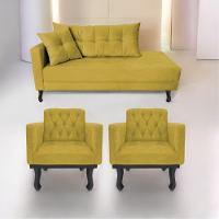 Kit Diva Recamier Azura 140Cm Lado Direito E 02 Poltronas Classic Suede - Doce Sonho Móveis Amarelo - 1