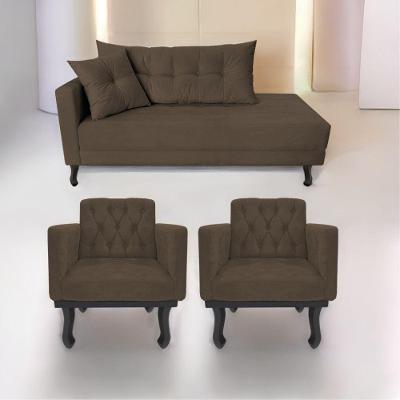 Kit Diva Recamier Azura 140Cm Lado Direito E 02 Poltronas Classic Suede - Doce Sonho Móveis Marrom