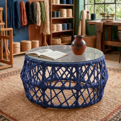 Mesa de Centro Aruá Redonda Vidro Aço Corda Náutica 80CM Azul Artegi