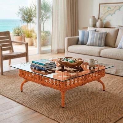 Mesa de Centro Harpia Quadrado Vidro Aço e Corda Náutica 75CM Terracota