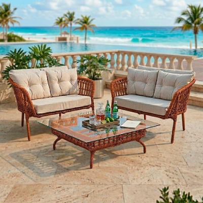 Kit Poltronas e Mesa de Centro Harpia Aço Corda Náutica Vidro Terracota Artegi