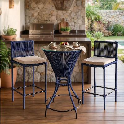Conjunto Baré Bistrô e 2 Banquetas Aço Corda Náutica Tampo de Vidro Azul Artegi