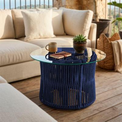 Mesa de Centro Makuni Redonda Vidro Aço Corda Náutica Azul Artegi