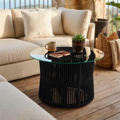 Mesa de Centro Makuni Redonda Vidro Aço e Corda Náutica 52CM Preto