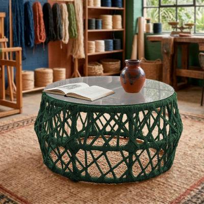 Mesa de Centro Aruá Redonda Vidro Aço e Corda Náutica 80CM Verde