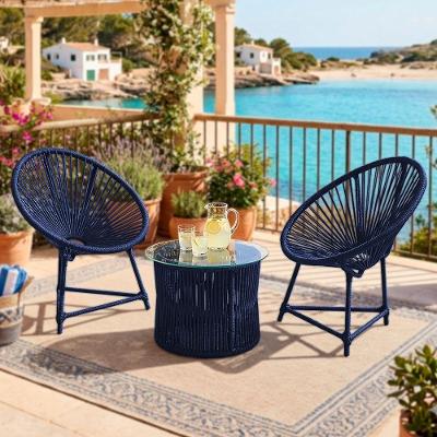 Conjunto Makuni 2 Poltronas e Mesa de Centro Aço Corda Náutica Azul Artegi