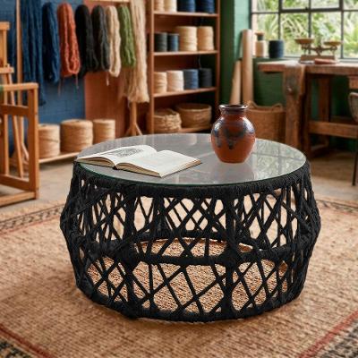 Mesa de Centro Aruá Redonda Vidro Aço Corda Náutica 80CM Preto Artegi