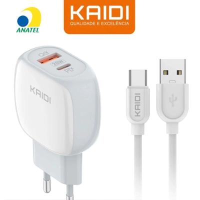 Carregador Turbo Kaidi KD-106C 20W USB-C e USB-A Bivolt com Cabo