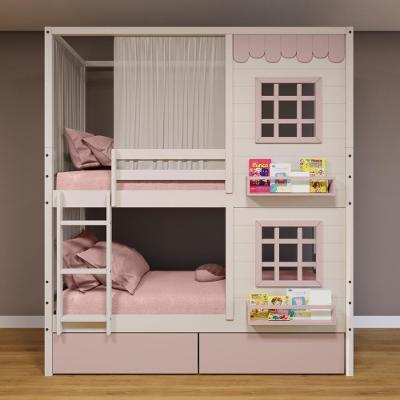 Beliche Casinha 2 Janelas 2 Gavetas com Cortina Madeira Maciça Branco e Rosa Housin