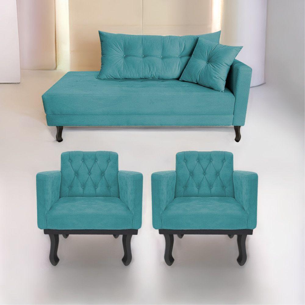 Kit Diva Recamier Azura 160Cm Lado Esquerdo E 02 Poltronas Suede - Doce Sonho Móveis Azulturquesa - 1