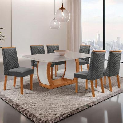 Mesa de Jantar Milena Yasmin 6 Lugares MDF Vidro Serigrafado Off White 180CM Moderna