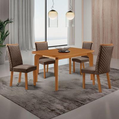 Mesa de Jantar Liz 4 Lugares MDF Canto Copo Cadeiras Veludo Marrom 120CM Moderna