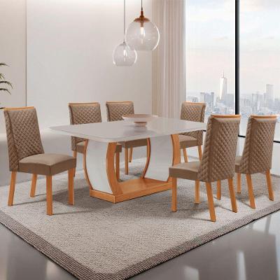 Mesa Jantar Milena 6 Lugares Vidro Serigrafado Cadeiras Yasmin Veludo Off White Moderna