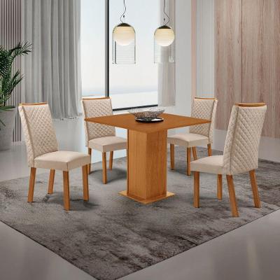 Conjunto Jantar Loren 4 Lugares MDF Cadeiras Lira Veludo Creme 90CM Moderna