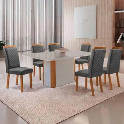 Conjunto Jantar Isadora 6 Lugares MDF Vidro Serigrafado Cadeiras Linho Off White 180CM Moderna