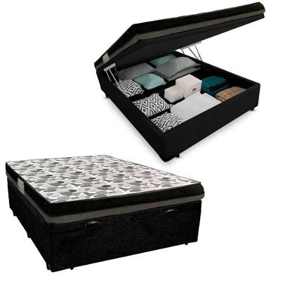 Kit Cama Baú Casal Iso Dupla Face Suede Madeira Preto Ortobom