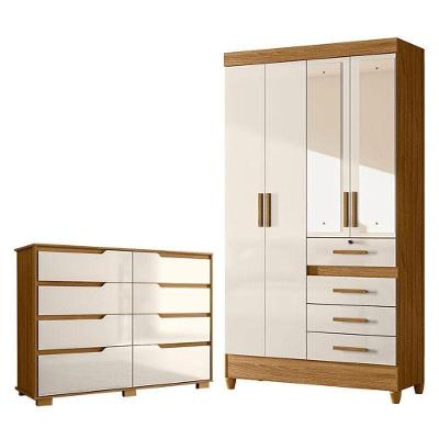 Guarda Roupa Solteiro com Cômoda Sobral Georgia 4 Portas Giratórias 4 Gavetas MDP Freijó Off White