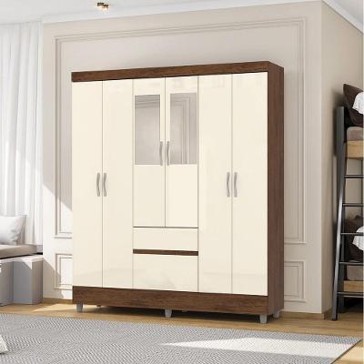Guarda Roupa Casal Abruzzo G98 6 Portas de Bater 2 Gavetas com Espelhos Nogueira-offwhite Gran Belo