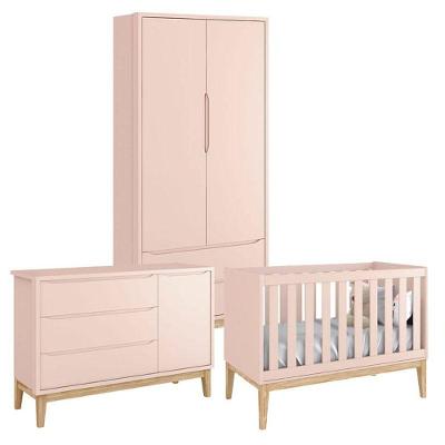 Quarto De Bebê Classic 2 Portas Cômoda Com Porta Rosa Com Pés Madeira Natural - Reller