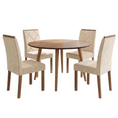 Mesa Redonda Dani 4 Lugares MDF com Cadeiras Suede Cinamomo Nude Milani Movelaria