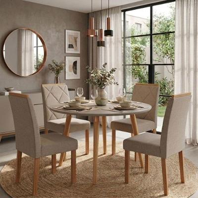 Conjunto Jantar Redondo Dani 4 Lugares MDF Cadeiras Linho Off White Bege Milani Movelaria