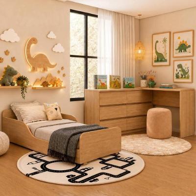 Kit Cama Infantil Montessoriana Dino com Escrivaninha MDF Amadeirado Multimóveis