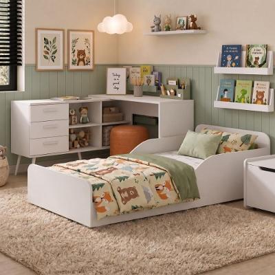 Kit Cama Montessoriana Aura MP4822 com Escrivaninha MDF-MDP Branco Multimóveis