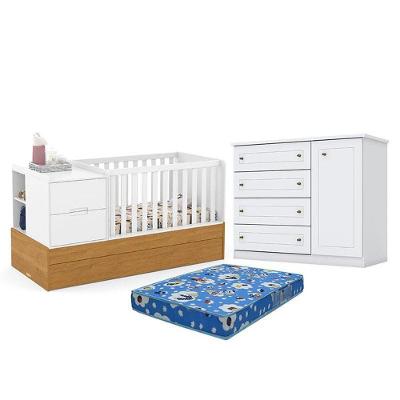 Kit Berço Multifuncional Formare MDF Colchão Incluso Branco Freijó Matic Móveis