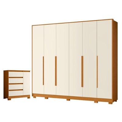 Kit Guarda Roupa Casal Mercure 6 Portas e Cômoda Sapateira Olimpia 10 Gavetas MDP Cinamomo Off White