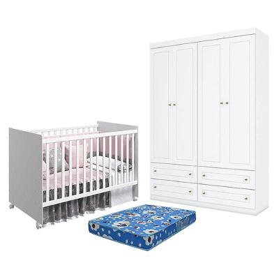 Kit Berço Nacional Mel MDF Colchão Incluso Branco e Guarda Roupa 4 Portas Henn