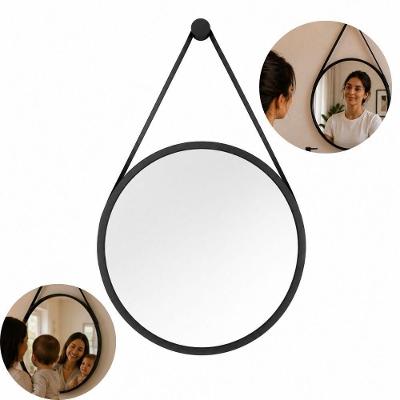 Espelho Adnet Redondo 25CM Moldura Plástica Alça de Couro Sala Banheiro Preto Yeet