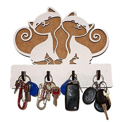 Porta Chaves de Parede Gatos em MDF Corte a Laser Amadeirado Lenobre