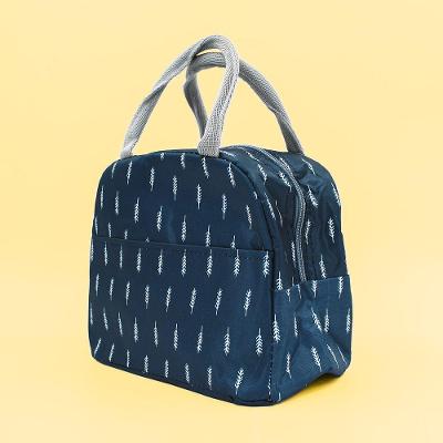 Lancheira Térmica Bolsa Marmita Estampada de Poliéster com Isolamento Azul com Folhas Brancas