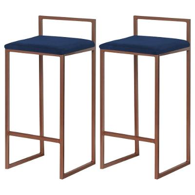Kit 2 Banqueta Decorativa Selena Veludo Azul Base Bronze Assento Fixo Gran Belo