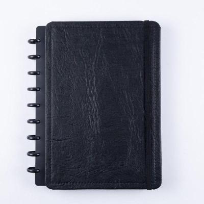 Caderno Capa Dura Disko Couro Black Disco Reposicionável Médio Preto