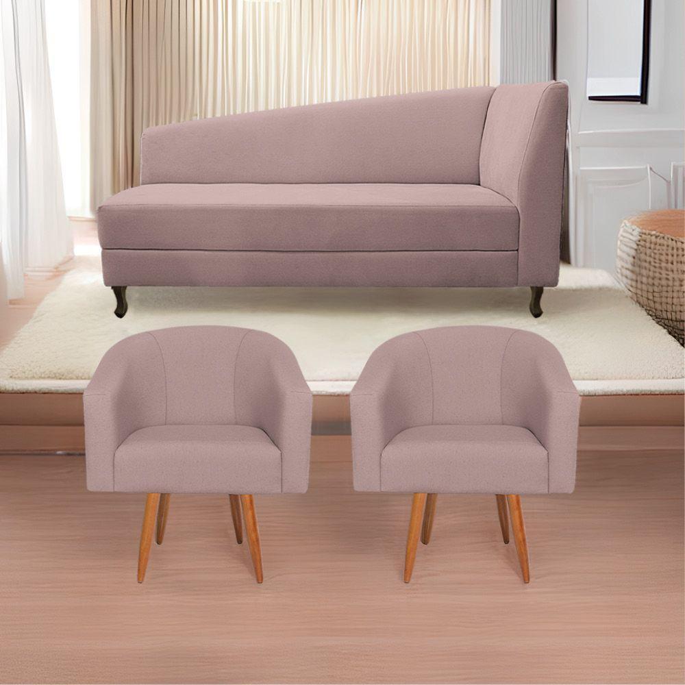 Kit Diva Recamier Heitor 140Cm Lado Esquerdo E 02 Poltronas Luiza Linho - Amarena Móveis Rosê - 1