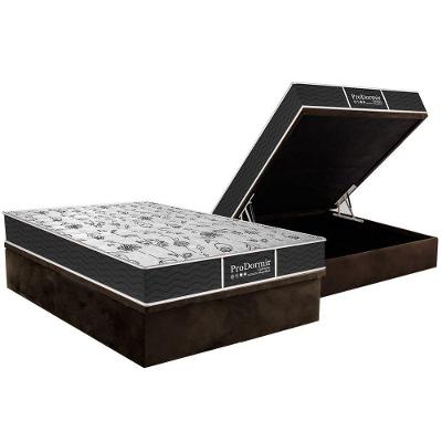 Kit Cama Box Baú Casal Molas Bonnel Pillow Top Suede Marrom Sleep Probel