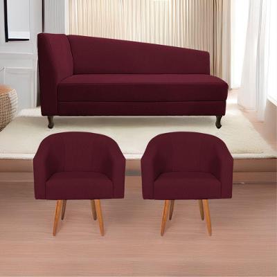 Kit Diva Recamier Heitor 140Cm Lado Direito E 02 Poltronas Luiza Suede - Amarena Móveis Bordô