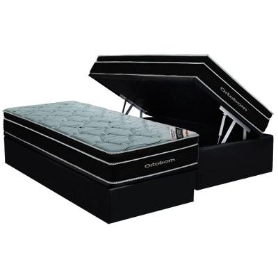 Kit Cama Box Baú Solteiro Elegant Euro Pillow Suede Preto Ortobom