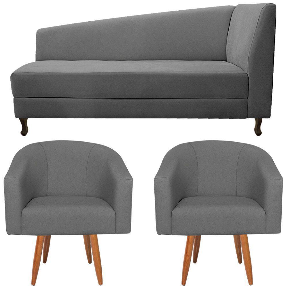 Kit Diva Recamier Heitor 185Cm Lado Esquerdo E 02 Poltronas Luiza Suede - Doce Sonho Móveis Cinza - 6