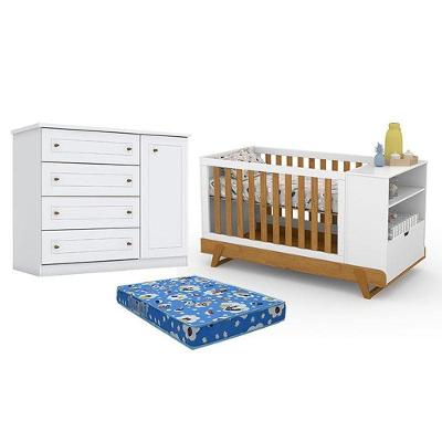 Kit Berço Multifuncional Bkids Cômoda MDF Colchão Incluso Branco Matic Móveis
