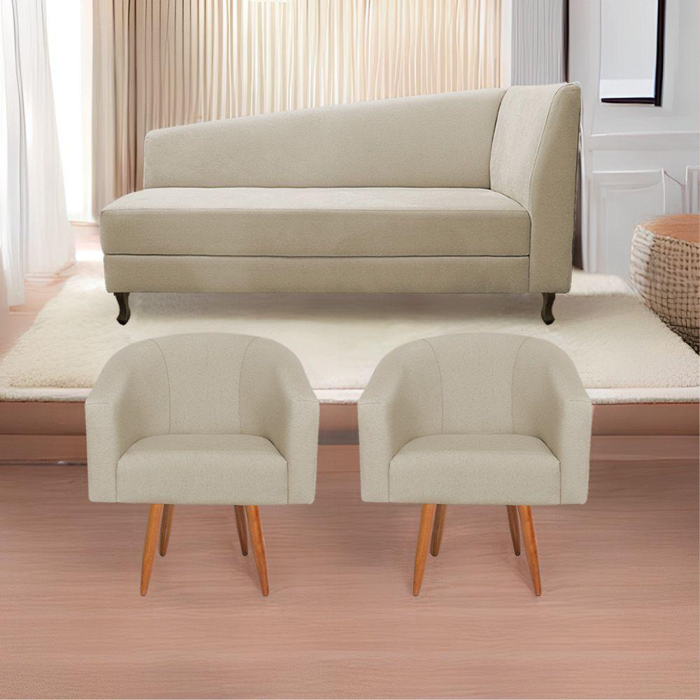 Kit Diva Recamier Heitor 185Cm Lado Esquerdo E 02 Poltronas Luiza Suede - Doce Sonho Móveis Bege - 1