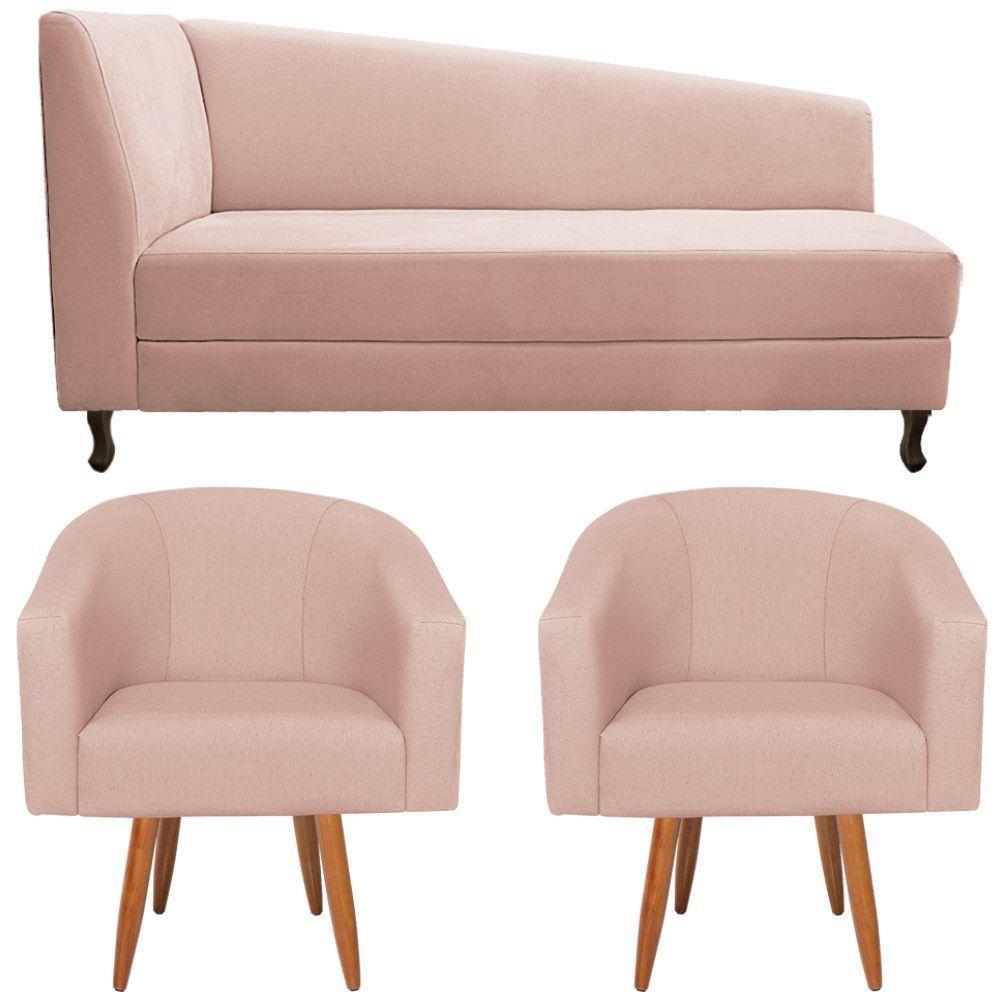 Kit Diva Recamier Heitor 185Cm Lado Direito E 02 Poltronas Luiza Suede - Doce Sonho Móveis Rosê - 6