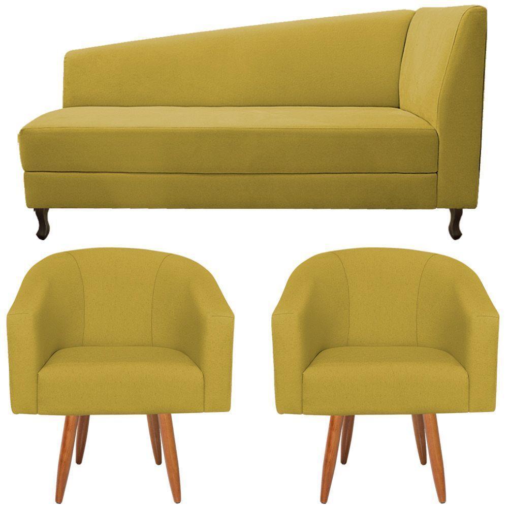 Kit Diva Recamier Heitor 185Cm Lado Esquerdo E 02 Poltronas Luiza Suede - Doce Sonho Móveis Amarelo - 6