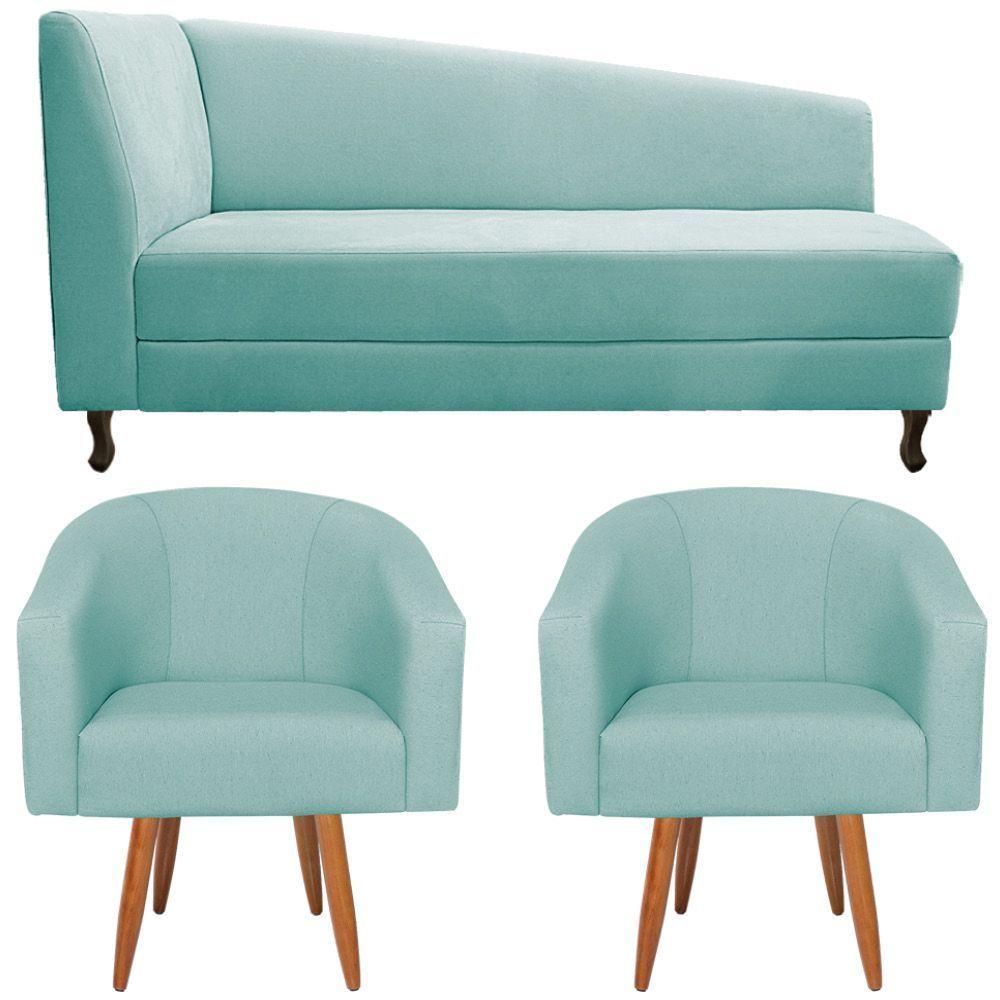 Kit Diva Recamier Heitor 185Cm Lado Direito E 02 Poltronas Luiza Suede - Amarena Móveis Azul Tiffany - 4