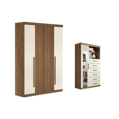 Conjunto de Quarto QC344 Guarda Roupa e Cômoda MDP Jatobá e Areia