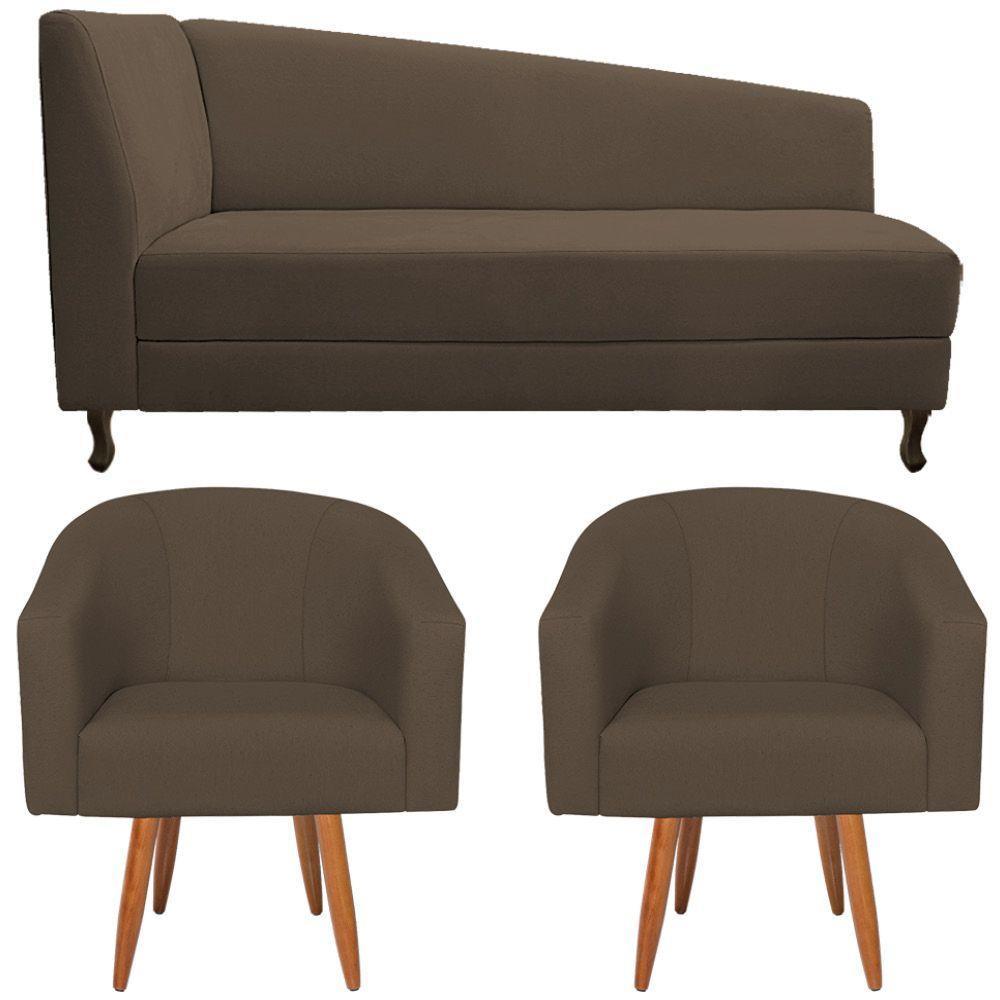 Kit Diva Recamier Heitor 185Cm Lado Direito E 02 Poltronas Luiza Suede - Amarena Móveis Marrom - 1