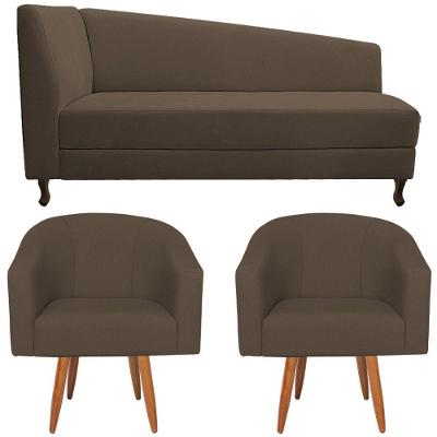 Kit Diva Recamier Heitor 185Cm Lado Direito E 02 Poltronas Luiza Suede - Amarena Móveis Marrom
